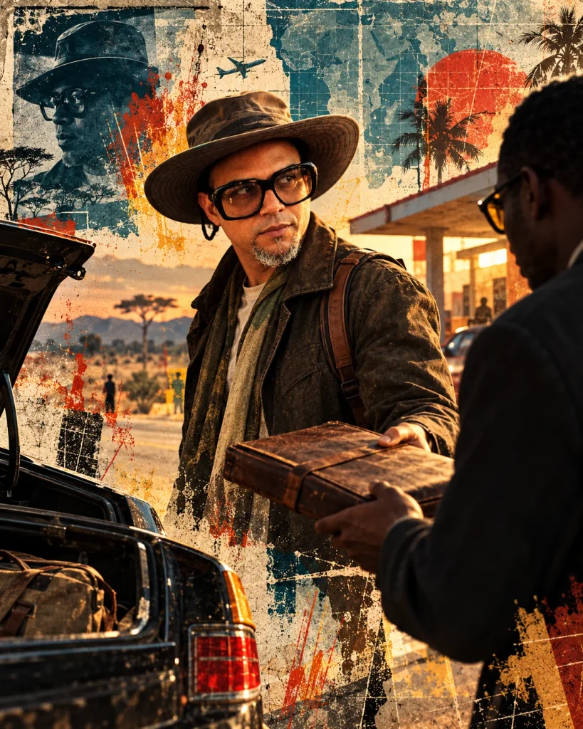 The Griot exchanges a parcel beside an open vehicle in a weathered Southern African collage.