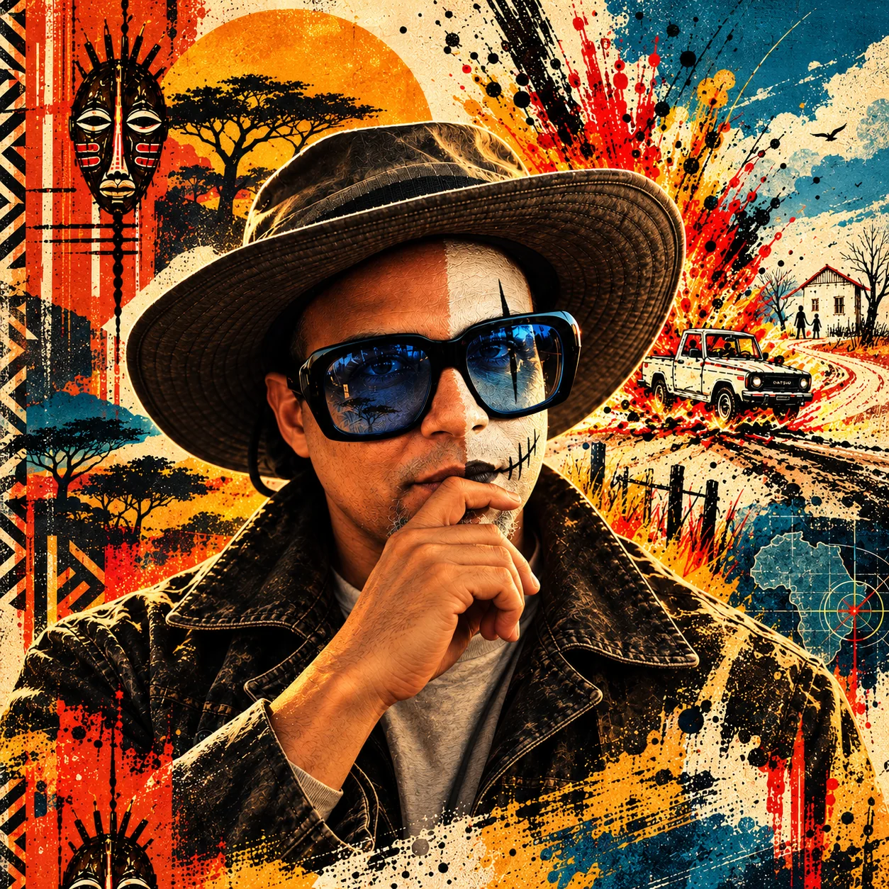 MUSIATA in a safari hat and oversized sapphire-blue sunglasses, shown in a vintage illustrated collage.