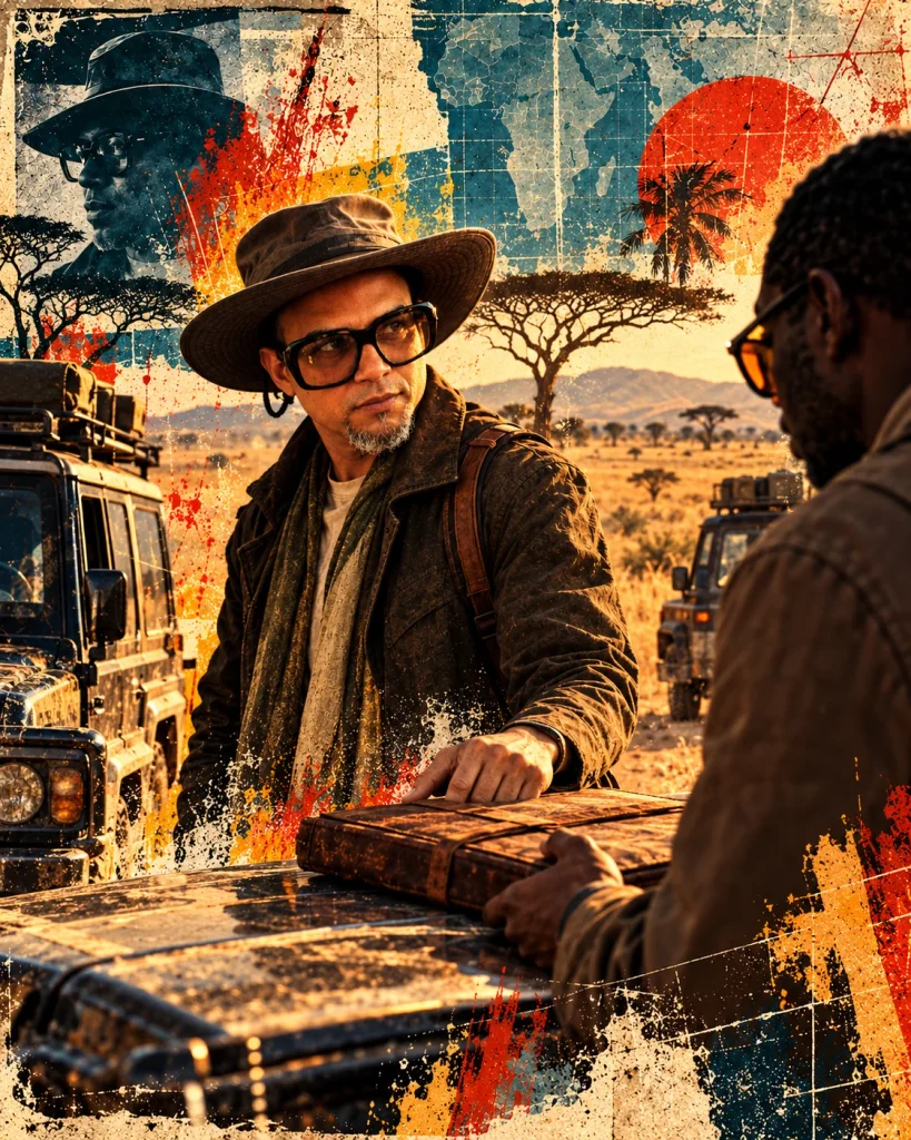A meeting beside vehicles in the open Southern African savannah.