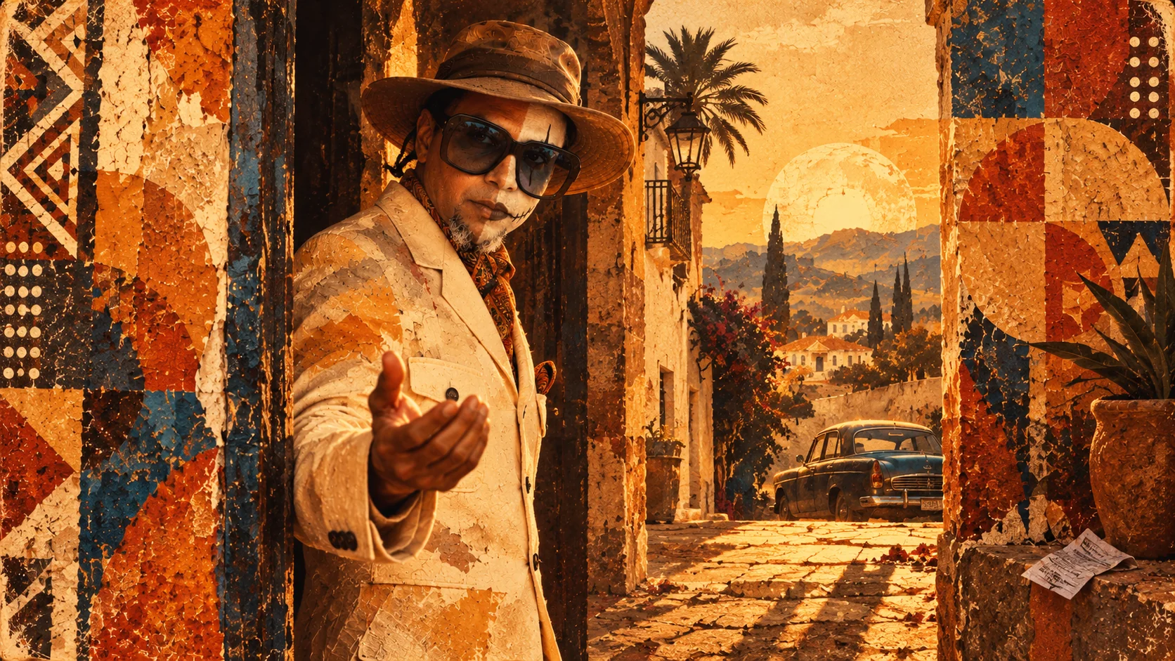 Golden-hour illustration of the Griot extending an invitation to come closer.