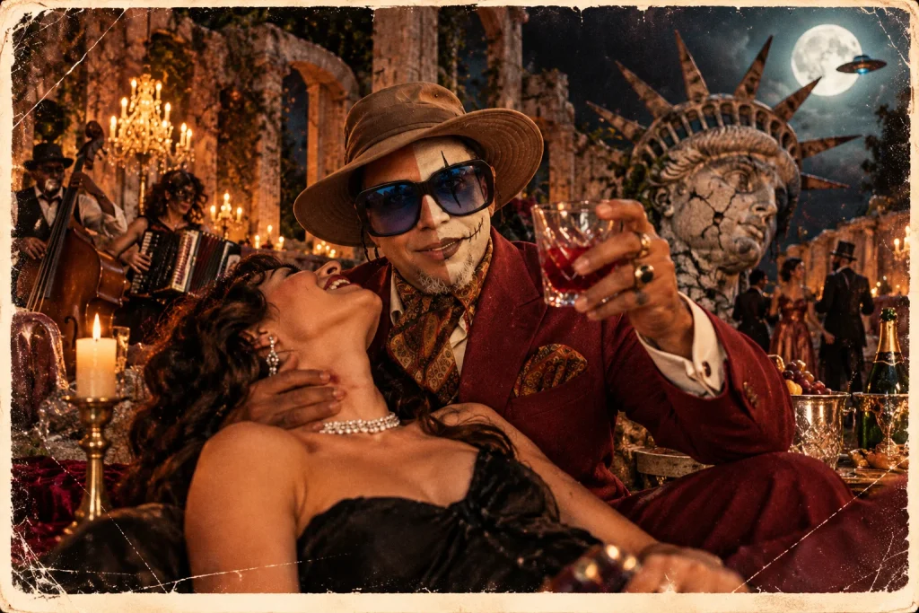 The Griot raises a glass beside a reclining guest in moonlit, candlelit ruins.
