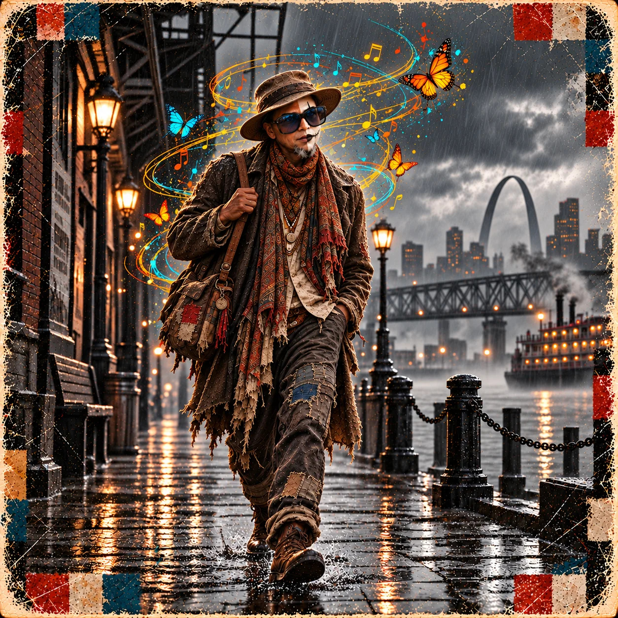 The Griot walks beside a rainy St. Louis riverfront as colorful butterflies and musical traces swirl around him.