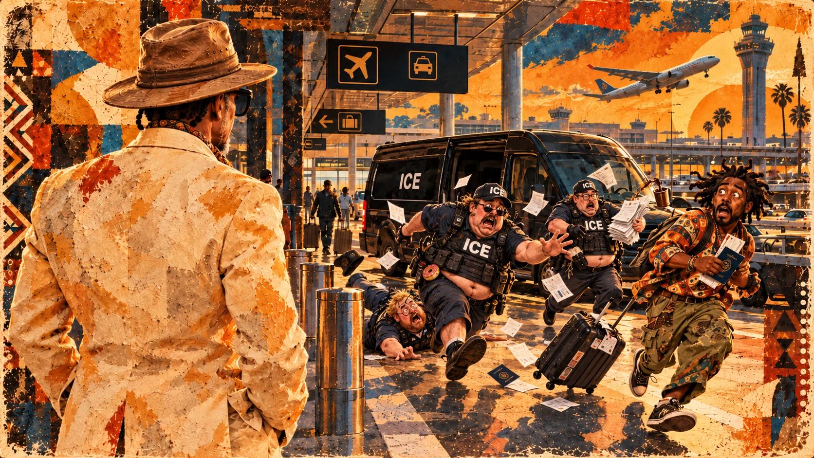 Painted editorial illustration at an airport: the Griot, seen from behind in a hat, watches a chaotic encounter between immigration officers and a traveler beside an ICE van.