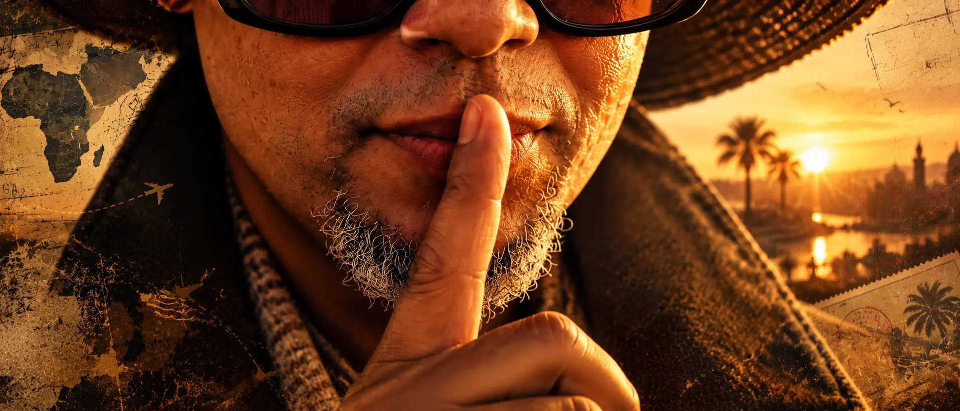 Close-up of the Griot holding a finger to his lips in warm evening light.