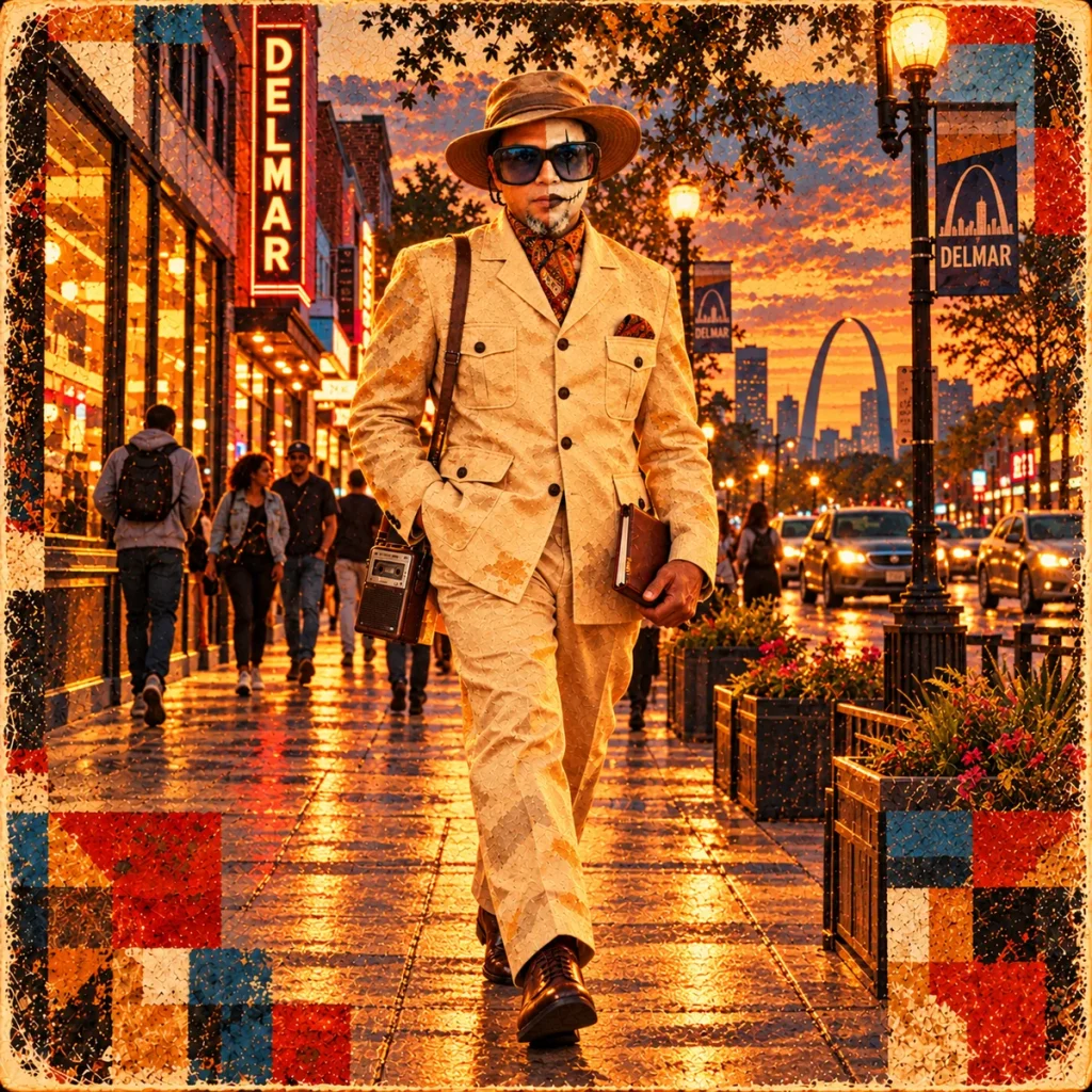 The Griot walks along rain-soaked Delmar beneath the St. Louis skyline.