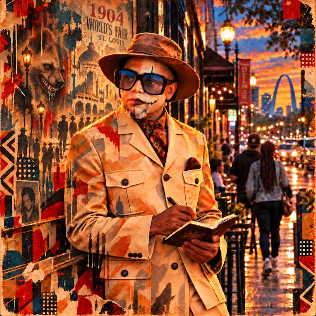 The Griot writes in a notebook amid collaged scenes of the 1904 World's Fair and modern St. Louis.