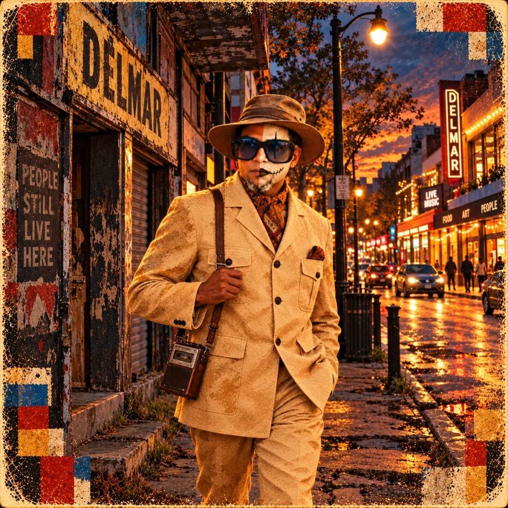 The Griot stands on a wet Delmar street between contrasting city scenes.