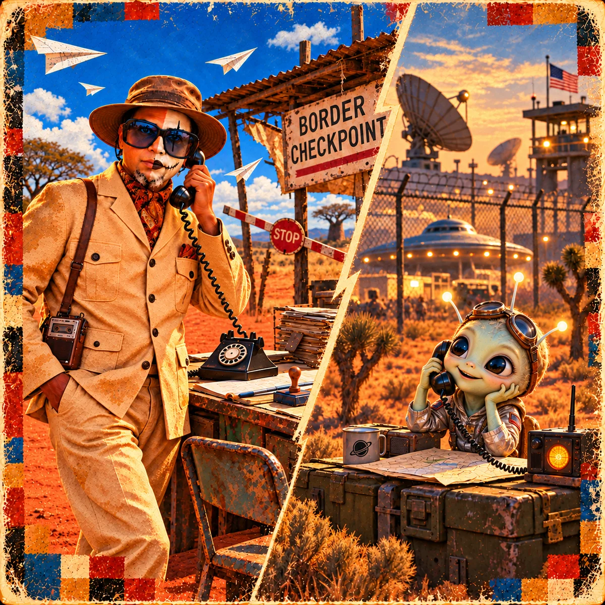 The Griot uses a rotary telephone beside a small alien and a border checkpoint in a surreal collage.