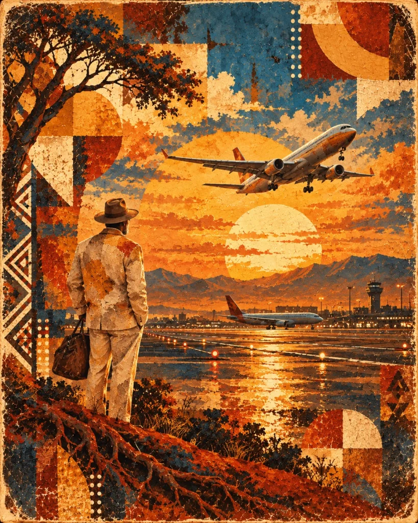 The Griot watches an aircraft depart over a sunlit landscape.
