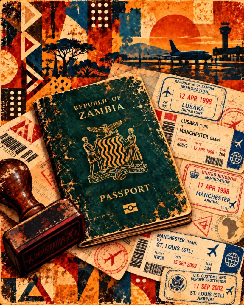 A Zambian passport, immigration stamps, travel papers and a rubber stamp arranged in a worn collage.