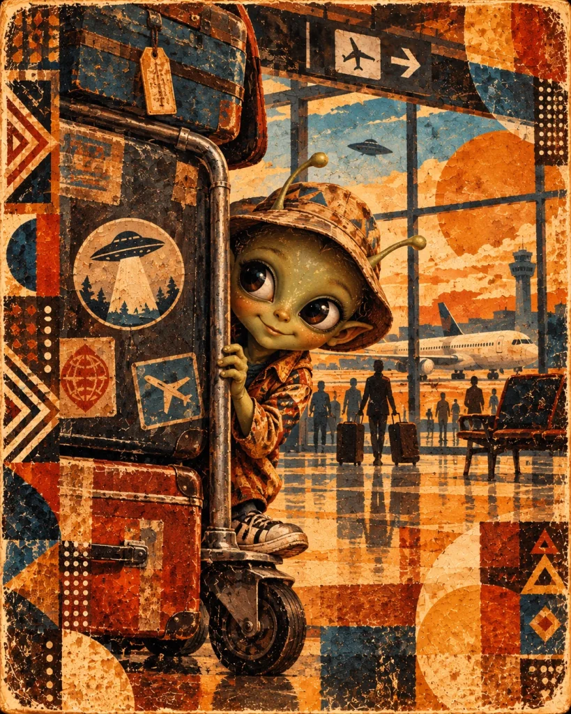 A small wide-eyed alien peeks from behind a suitcase in an airport terminal.
