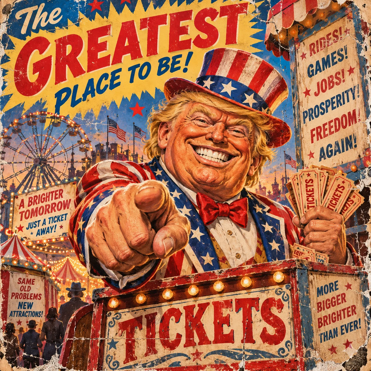 A grinning carnival showman points toward the viewer above a ticket booth advertising freedom and opportunity.