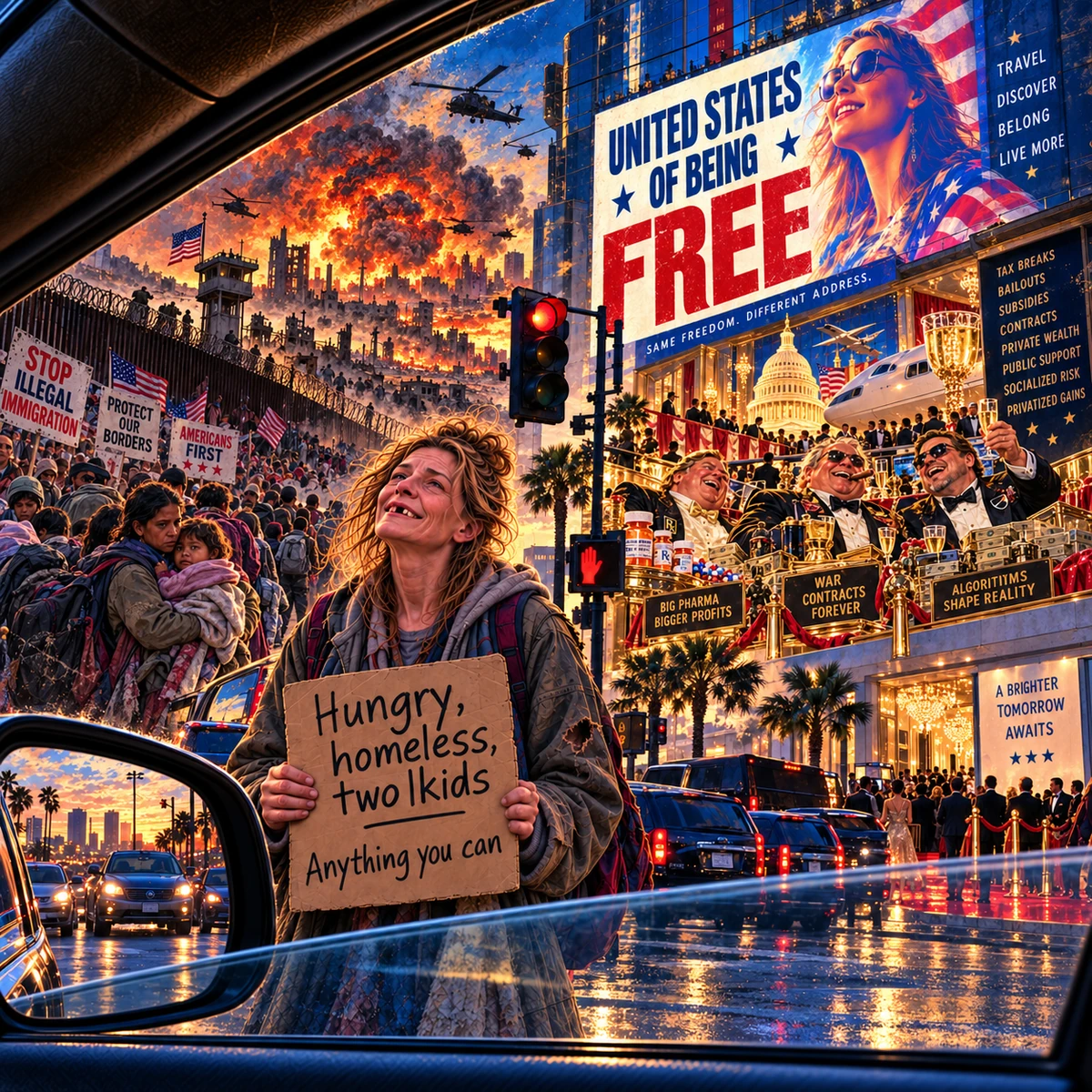 A dystopian crossroads seen from a car, with a woman asking for help beneath bright freedom advertisements.