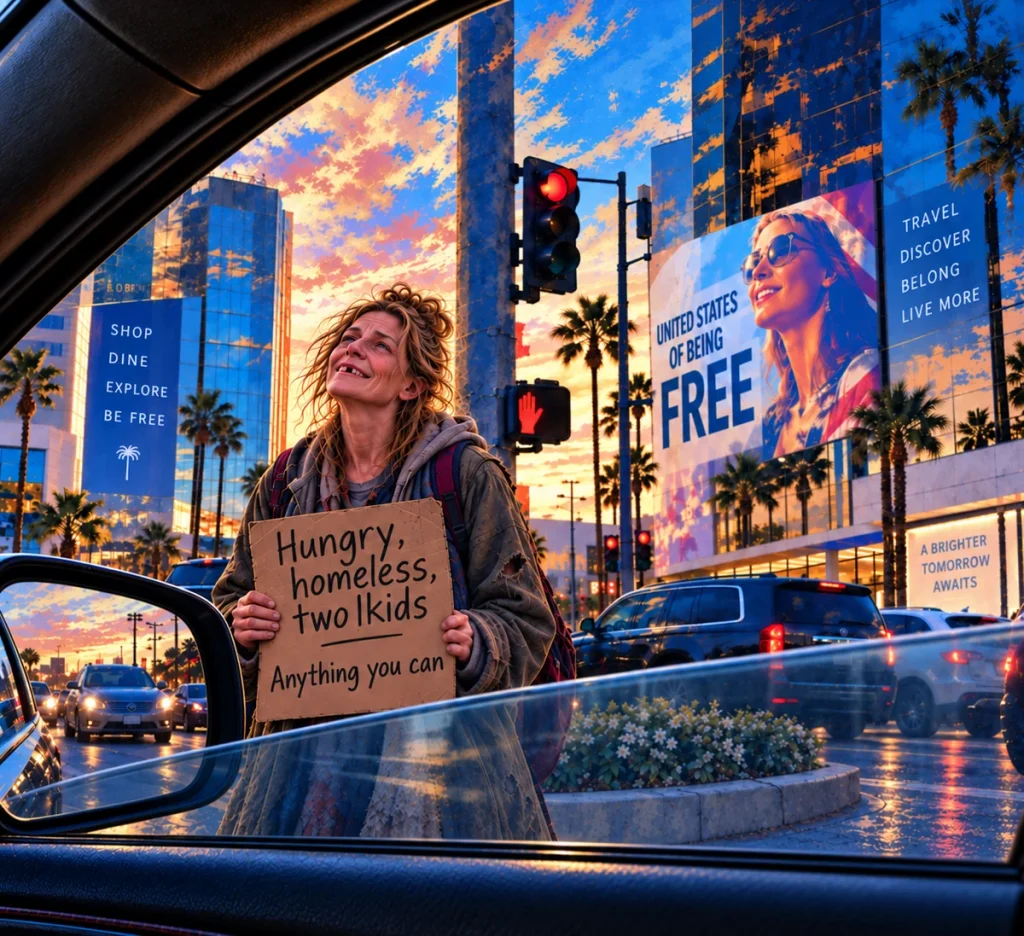 Through a car window, a woman holds a sign asking for help beneath a billboard promising freedom.