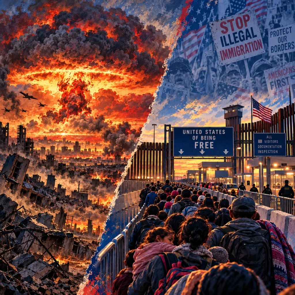 A crowd approaches a border fence beneath anti-immigration signs and a burning sky.