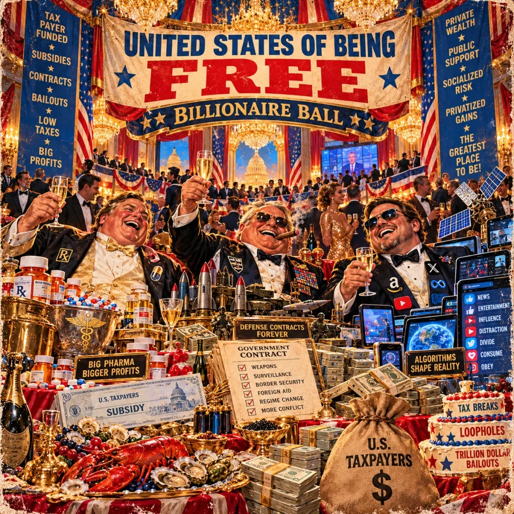 Wealthy guests feast at a billionaire ball beneath a United States of Being Free banner.