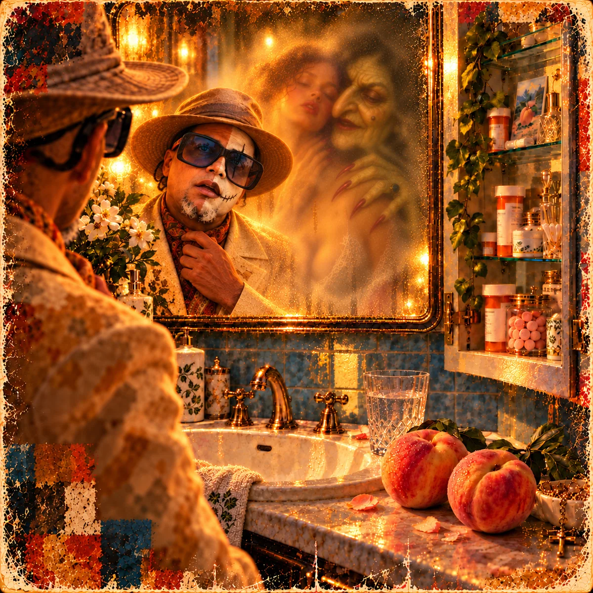 The Griot looks into a golden, haunted mirror above a basin and a bowl of peaches.