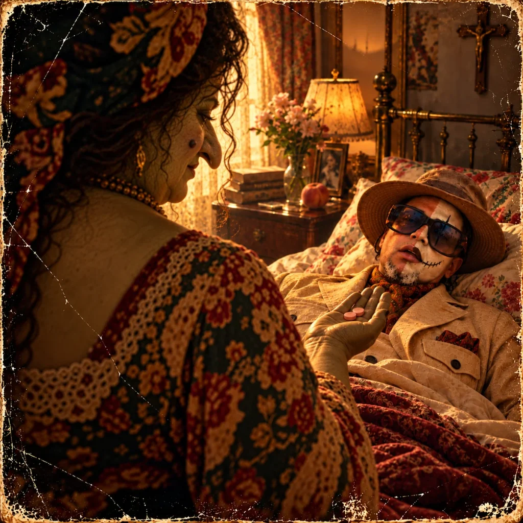 A woman watches the reclining Griot from beside his bed in a warmly lit room.