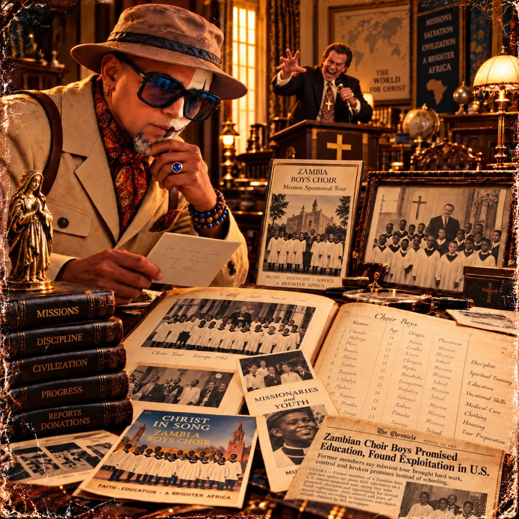 The Griot studies photographs, documents and missionary records at a crowded desk.