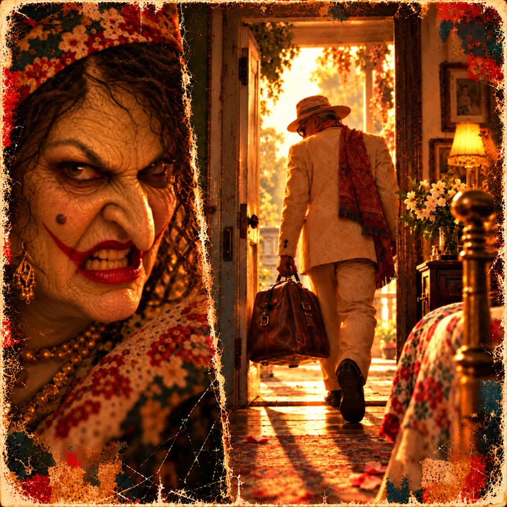 A woman's painted grin fills the foreground as the Griot leaves through a sunlit doorway.