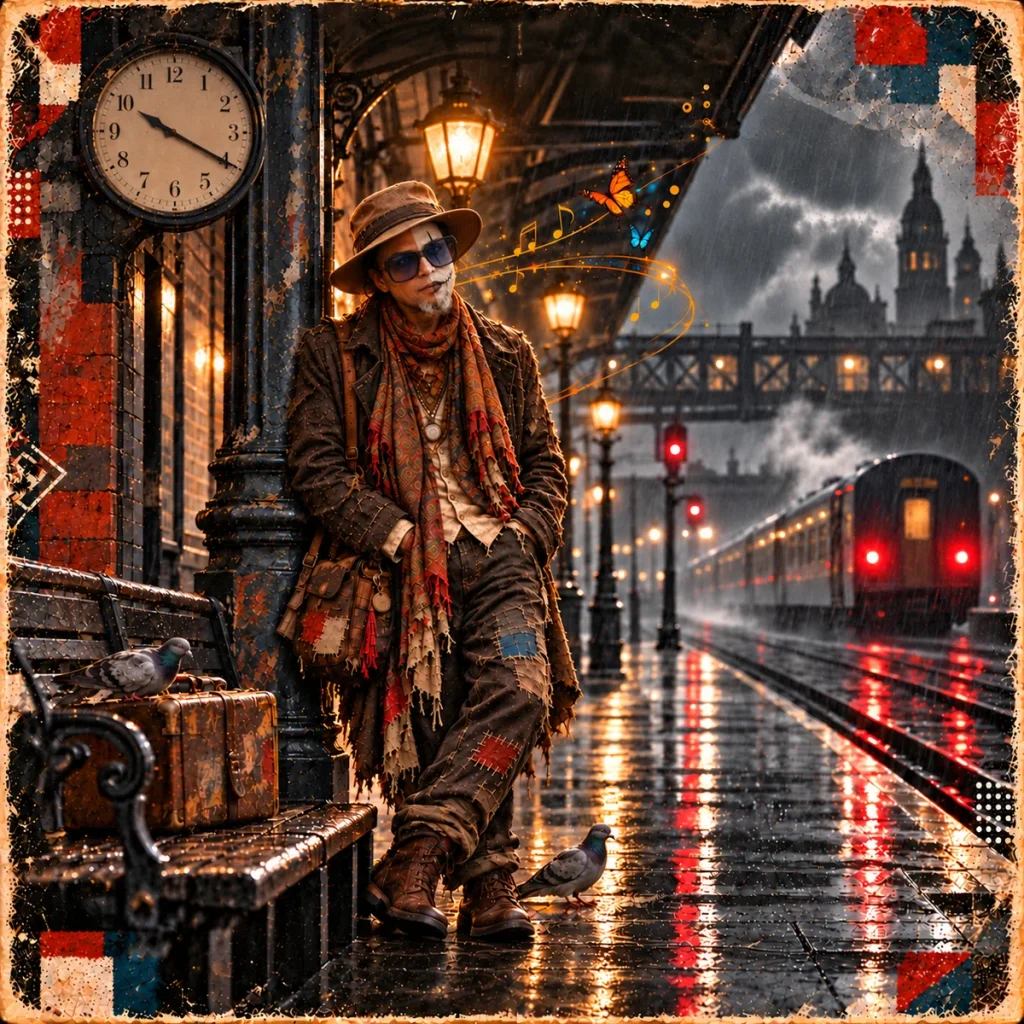 The Griot waits beneath a station clock on a rain-soaked platform.