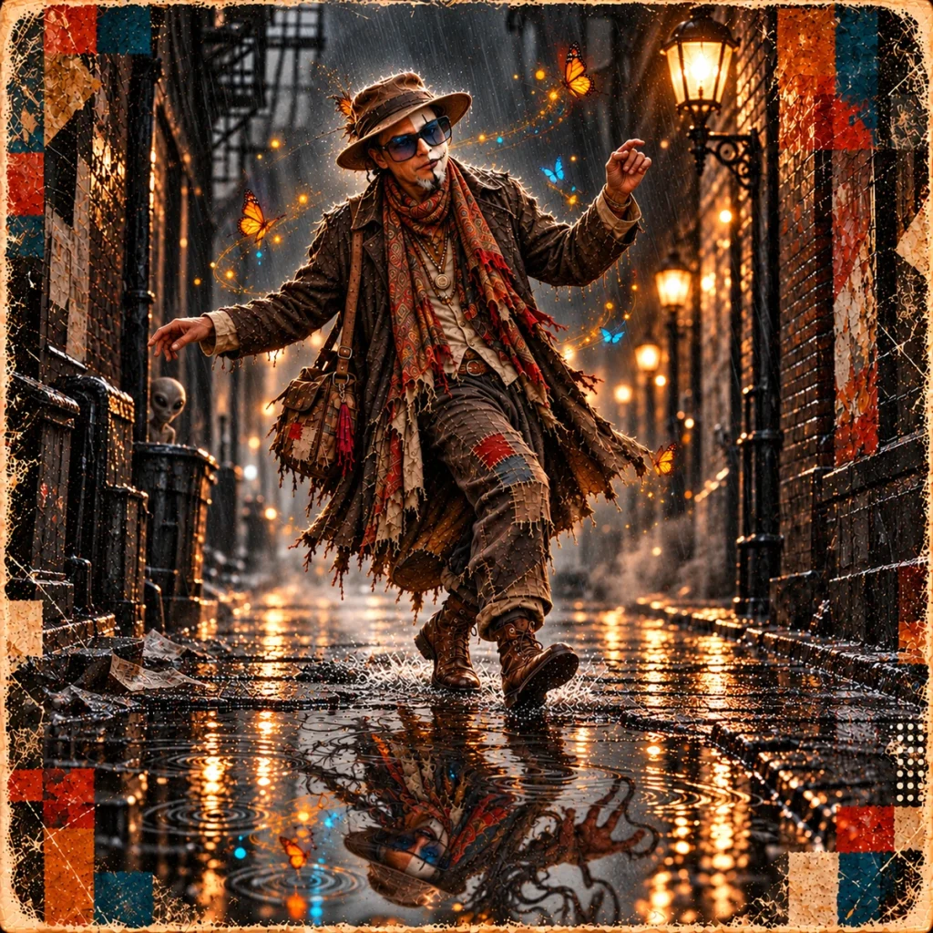 The Griot dances in a wet alley, his reflection stretching across the paving stones.