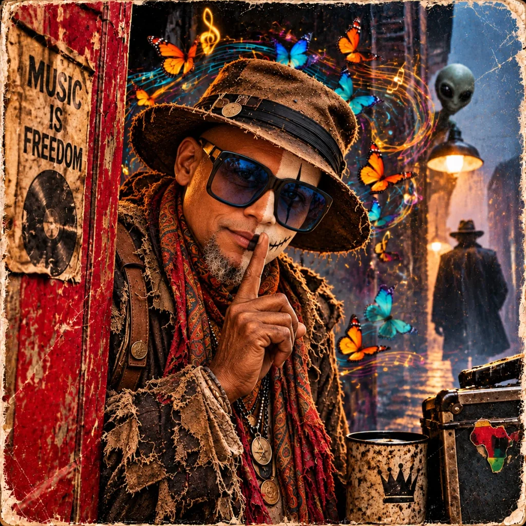 The Griot holds a finger to his lips amid butterflies, musical traces and a nighttime city.