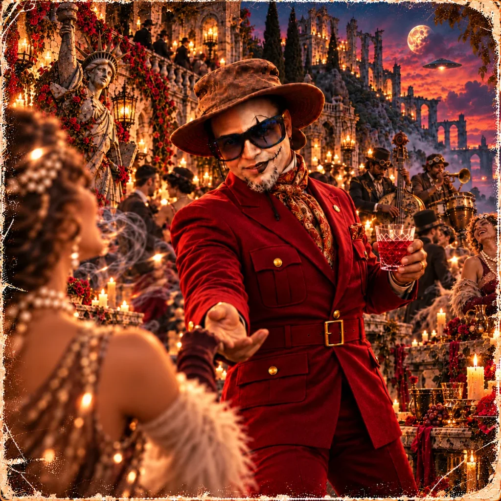 The Griot in a cranberry suit reaches toward a guest at a candlelit gathering in ruined surroundings.