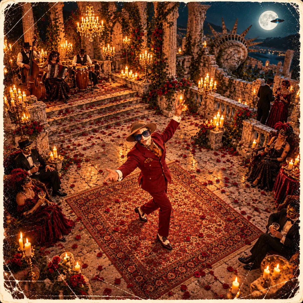 Viewed from above, the Griot dances on an open floor among guests and musicians in candlelit ruins.